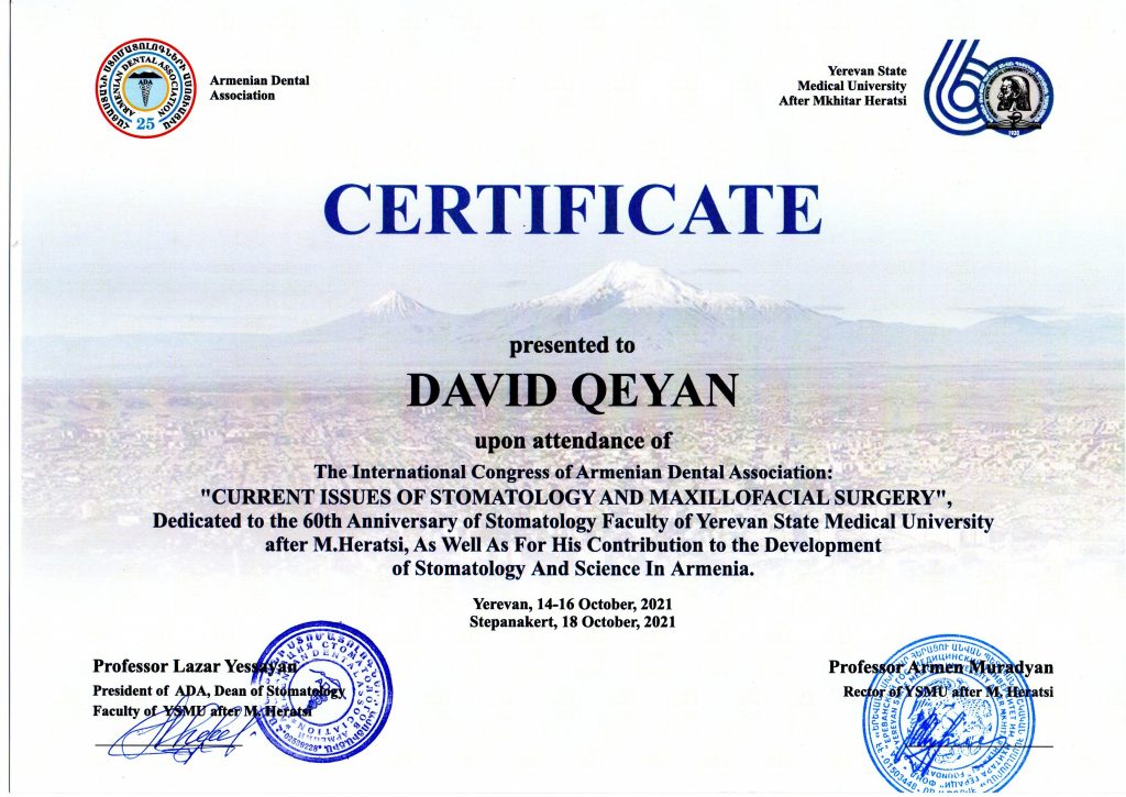 Сертификат #1 - Кеян Давид Николаевич Челюстно-лицевой хирург, врач-стоматолог-хирург, врач-имплантолог